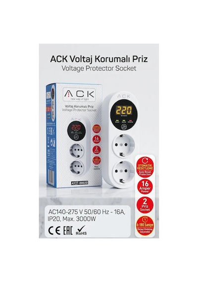 Ack İkili Ani Yüksek Akım + Voltaj Korumalı Priz Dijital Göstergeli 140v-280v Arası Standart