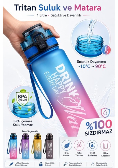 Su Matarası 1l - Bpa İçermez Tritan Motivasyonel Suluk - Okul - Spor - Kamp - Pro Matara Siyah Diğer