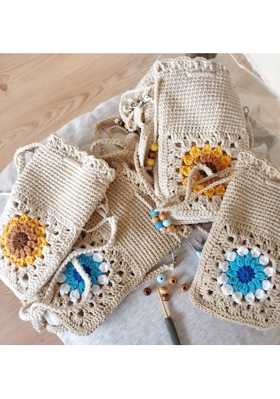 Kemzey Handmade Çiçekli Telefon Çantası, Motifli Tığ İşi Telefonluk, El Yapımı Telefon Kılıfları Bej - Mavi