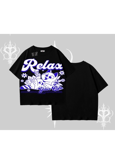 Tarzsokak Relax Kedi Baskılı Oversize Tshirt Siyah