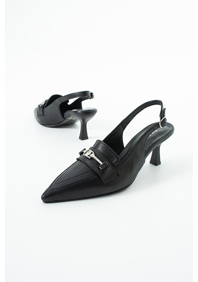 Dericia Shoes Infinity Hakiki Deri Kadın İnce Topuklu Arka Açık Ayakkabı Siyah