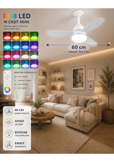 German New White Super Fan 60 Cm Kalın Kanat Dim Ayarlı Tavan Vantilatörü Rgb Led 16 Renk Sessiz Sinek Kovar