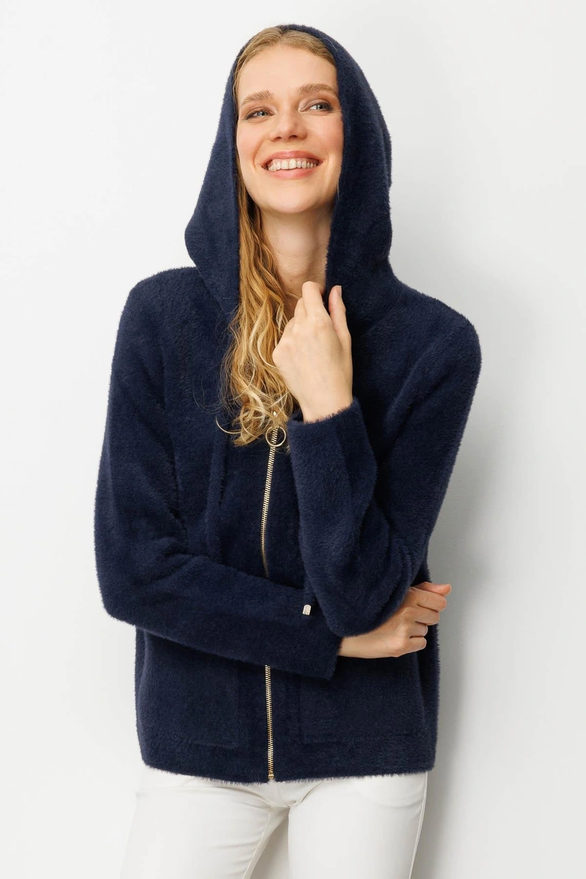 Kadın Kapüşonlu Fermuarlı Kısa Triko Sweatshirt Lacivert Lacivert