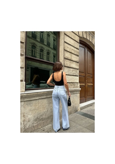 Kene Jeans Yüksek Bel Buz Kar Paça Söküm Detaylı Bol Paça Jean Buz Kar