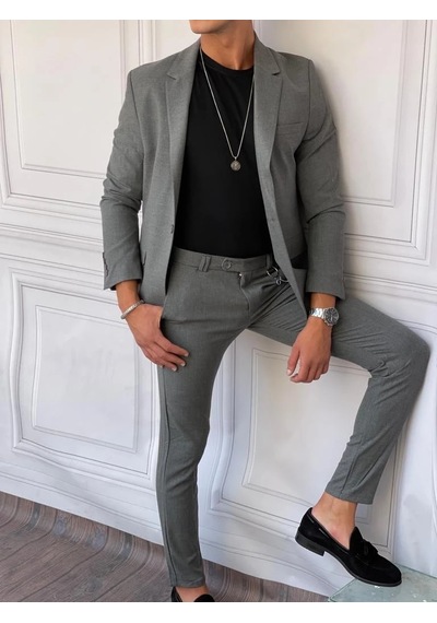 Modefendi Slimfit Kalıp Pamuk Likra Ceket Pantolon Takım Elbise Füme