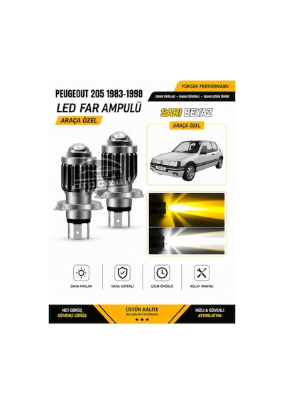 Peugeot 205 H4 1983-1998 Led Far Ampulü Sarı-beyaz Işık Canbus Mini Lensli 2'li Set