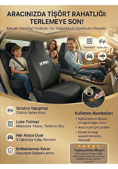 Ford Tourneo Courier İle Uyumlu Koltuk Kılıfı Servis Tipi Siyah Penye Kumaş Siyah