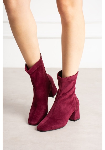 Dabab Shoes Lara Kadın Bordo Süet Streç Küt Burun Fermuarlı 6 Cm Kalın Topuklu Bot Bootie