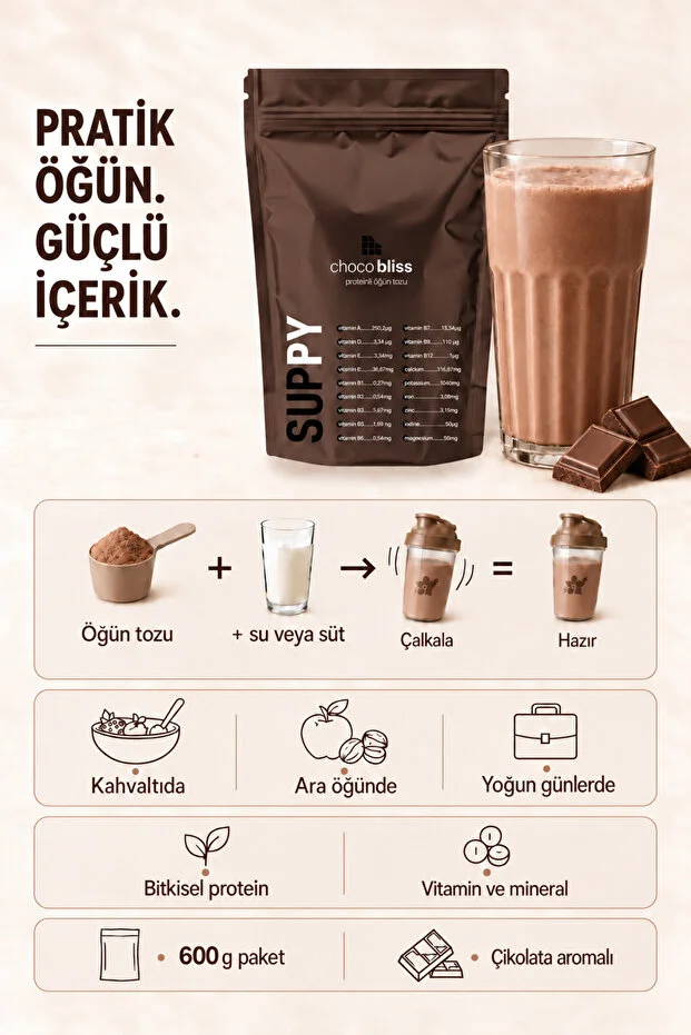 Suppy Choco Bliss Proteinli Öğün Tozu Çikolata Aromalı Vitamin & Mineral Destekli Pratik Öğün