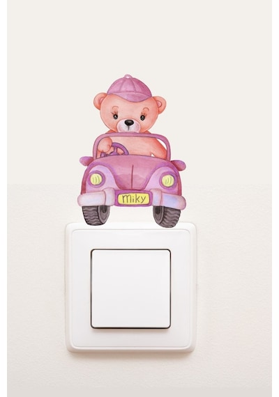 Priz Pembe Arabalı Ayıcık Çocuk Odası Dekoratif Priz Sticker