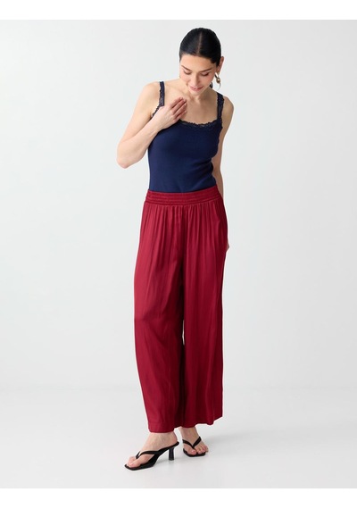Jimmy Key Bordo Yüksek Bel Bol Paça Saten Uzun Dokuma Pantolon 6sw187079562