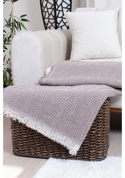 Tr Pamuklu Zikzak Desenli Püsküllü Koltuk Örtüsü, 170x210 Cm, Geometrik Desen, Minimalist Stil, Yıkanabilir Kahv Diğer