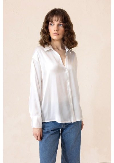 Olcay Oversize Saten Gömlek Beyaz 9308