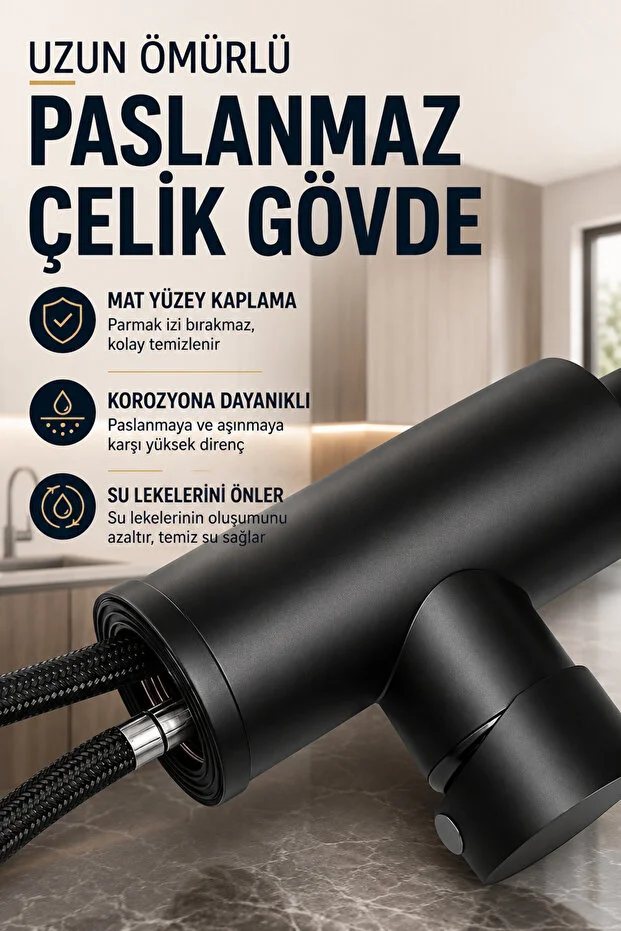 Mutfak Bataryası 3 Fonksiyonlu 360 Döner Uzatmalı Çekilebilir Başlıklı Evye Musluğu Siyah