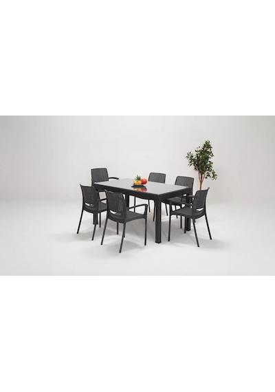Rattan Camlı Lüx Antrasit Masa Takımı 90x150 Dikdörtgen Masa+6 Sandalye Bahçe Balkon Teras Antrasit