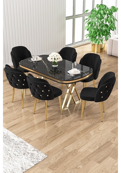 Canisa Zae Serisi 90x168 Lak Panel Siyah Mermer Desen Gold Ayak Masa Takımı 6 Siyah Sandalye Sonata Masa Siyah Sandalye Ayaklar Gold Canisa Zae Serisi 90x168 Lak Panel Siyah Mermer Desen Gold Ayak Masa Takımı 6 Siyah Sandalye Sonata Masa Siyah Sandalye Ayaklar Gold