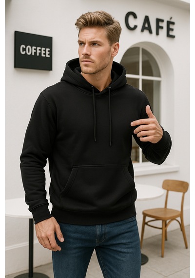 Rich Erkek Siyah Pamuklu Cep Detaylı Kapüşonlu Sweatshirt Siyah