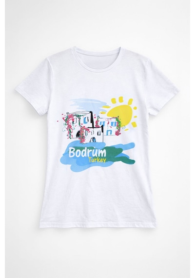 Markapia Kadın Bisiklet Yaka Pamuk Renkli Bodrum Baskılı T-shirt Beyaz