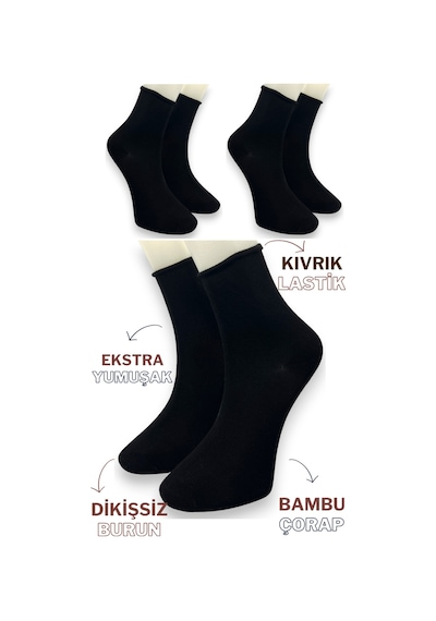Premium 3 Çift Siyah Bambu Kadın Lastiksiz Roll Top Soket Dikişsiz Çorap/ız Bırakmaz/sıkmayan Çorap Siyah