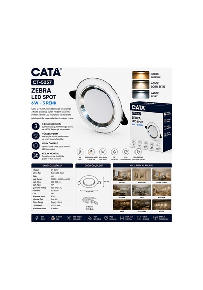 Ct-5257 Zebra Led Spot 6w 3 Renk Beyaz Krom Sıva Altı Led Armatür