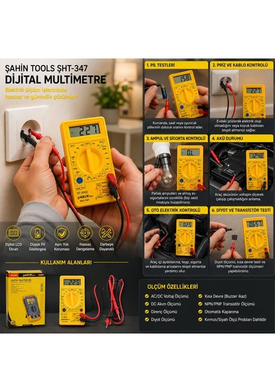 Şahin Tools Şht-347 Dijital Multimetre - Ac/dc Voltaj, Dc Akım, Direnç, Diyot Ve Npn/pnp Ölçümü