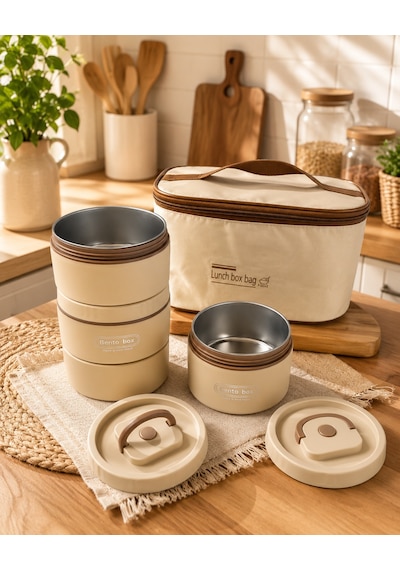 Favora 4'lü Çelik Termoslu Lunch Box Yemek Kabı Seti Bej