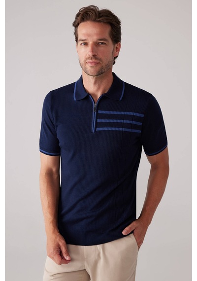 Erkek Lacivert Slim Fit Hafif Çizgili Fermuarlı Polo Yaka Tişört