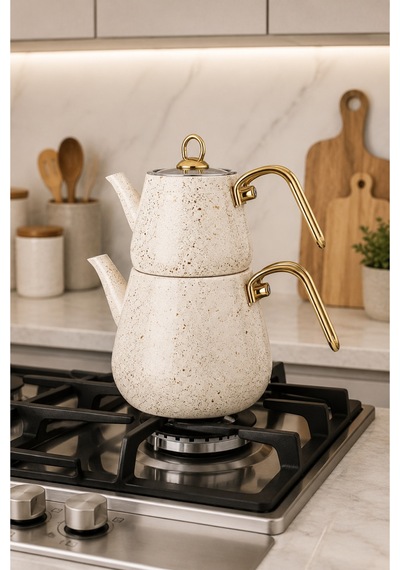 Gold Metal Kulplu Granit Kaplama Bej Çaydanlık Seti 2.1 Litre - 1.1 Litre Bej