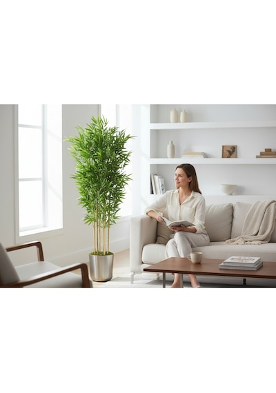 Yapay Bambu Ağaç 150 Cm 6 Dallı Yogun Yaprak Metal Gümüş Saksı Yeşil