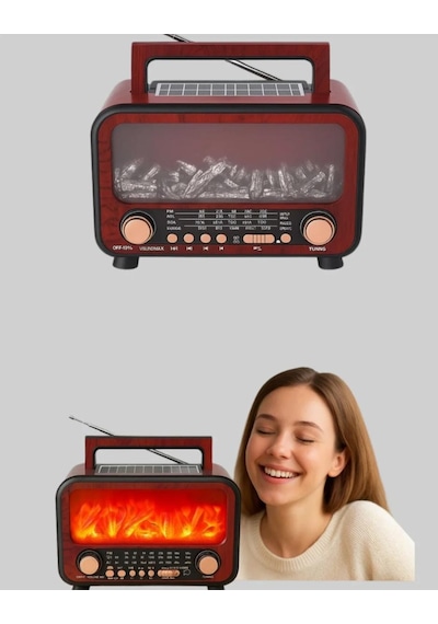 Solar Şarjlı Şömine Işıklı Bluetooth Hoparlör Radyo, Usb, Tf Kart Destekli Radyo