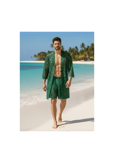 Qmen Style Erkek Kimono Takımı 3 Lü Dantel Set Bornoz + Pantolon + Şort Yeşil