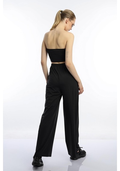 Quhox Kadın Allegro Kumaş Askısız Crop Top Siyah
