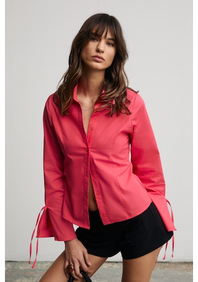 Grımelange Janeta Kadın Kolları Biye Bağlamalı Slim Fit Vucuda Oturan Beyaz Nar Çiçeği Gömlek