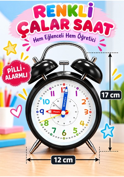 Eğitici Ve Eğlenceli Renkli Çalar Saat Pilli, Metal Gövdeli Çocuk Saati Siyah