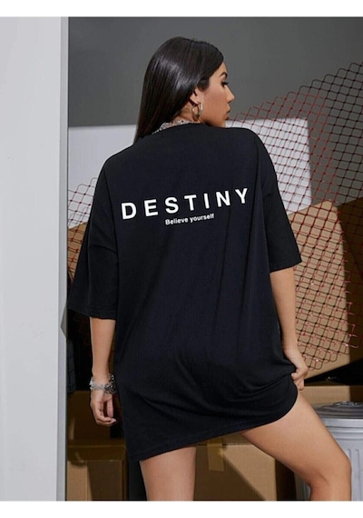 Destiny T-shirt - Siyah Baskılı Oversize Bisiklet Yaka Kısa Kol Tişört Siyah