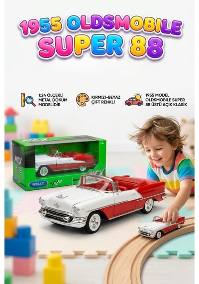 Welly 1:24 Ölçekli Lisanslı Orjinal 1955 Oldsmobile Super 88 Kapıları Açılabilir Model Oyuncak Araba