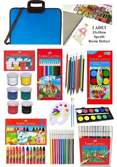 Öğrenci Boyama Seti 11 Parça 1 Paket 35x50 Resim Çantası Resim Defter Faber Sulu Boya Kuru Boya Pastel Boya Keçeli Kalem 001