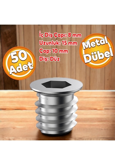 Metal Düz Dişli Dübel Ahşap Dübeli M8 10x15 Diş Çinko Mobilya Bağlantı Ünite Birleştirme 50 Adet