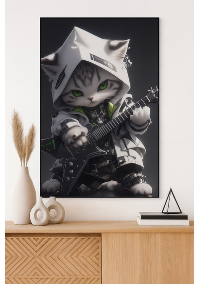 Rock Star Kedi Cam Tablo Gitar Çalan Sevimli Kahraman Rock Star Kedi Cam Tablo Gitar Çalan Sevimli Kahraman