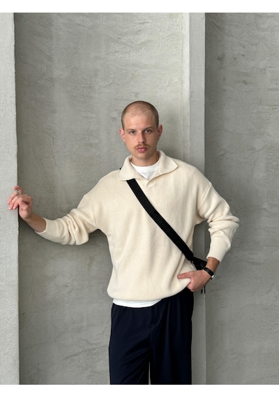 Erkek Polo Yaka Örme Oversize Kazak Krem