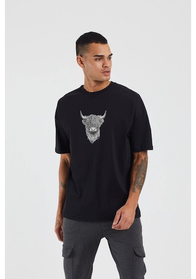 Thewert Unisex İskoç Sığır Baskılı Siyah Oversize Tshirt