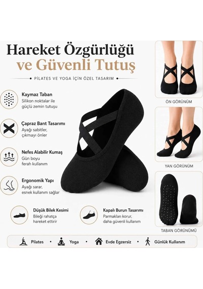 Genel Kaymaz Tabanlı Kadın Balerin Tasarımlı Yoga Pilates Çorabı Çapraz Bantlı Spor Çorap Siyah / 36-40