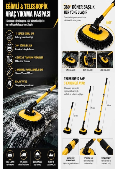 Nobera Profesyonel Eğimli Teleskopik Mikrofiber Bezli Araç Yıkama Fırçası - 3 Kademeli 102 Cm Lüx Oto Yıkama Mopu Paspası 360 Döner Başlıklı