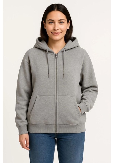 Velmora Fashion Kadın 3 İplik Pamuklu Kapüşonlu Tam Fermuarlı Kanguru Cepli Sweatshirt Hoodie - Gri