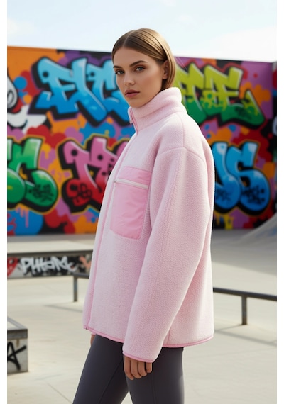 Benerly Kadın Dik Yaka Düşük Kol Tam Fermuarlı Peluş Sweatshirt Fonksiyon Açık Pembe