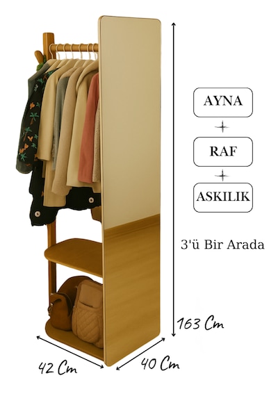 Ayna + Askılık + Raf 3 Ü Bir Arada Fonksiyonel Tasarım Kayın Kontrplak Kalitesi Ahşap