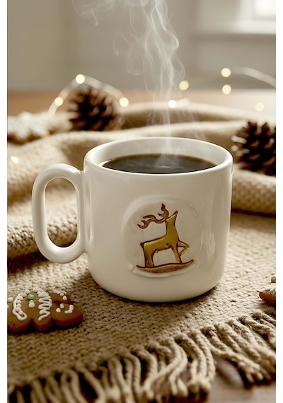 Rivaistanbul Geyik Amore 24 K Altın Süslemeli El Yapımı Yılbaşı Hediyesi Seramik Double Kahve Fincanı, Mug, Kupa Beyaz