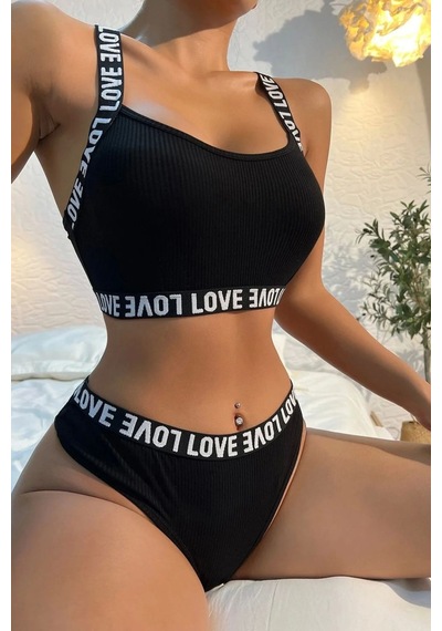 İkikareshop Kadın Siyah Özel Tasarım Çapraz Sırt Love Yazı Detaylı İç Çamaşır Takımı Şık İç Giyim Seti Çok Renkli