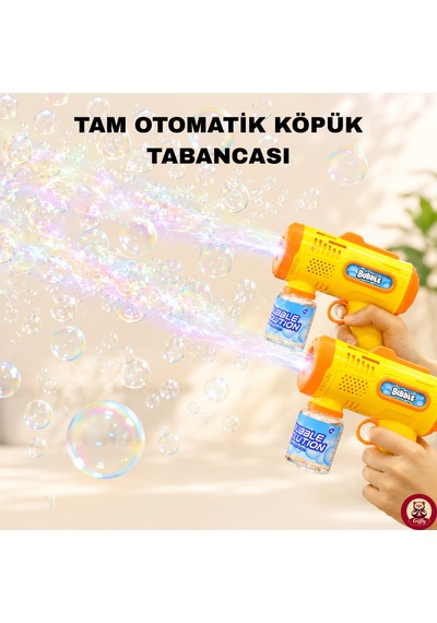 Oyuncak Işıklı Otomatik Köpük Tabancası Bubble Gun 5000+ Köpük Çocuklar İçin Sarı Renk