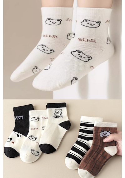 Bgk 5 Çift Ekru Bear Desenli Çocuk Çorap Renkli